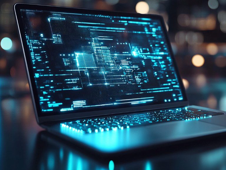 Interfaz futurista en laptop para servicios de tecnología y consultoría IT